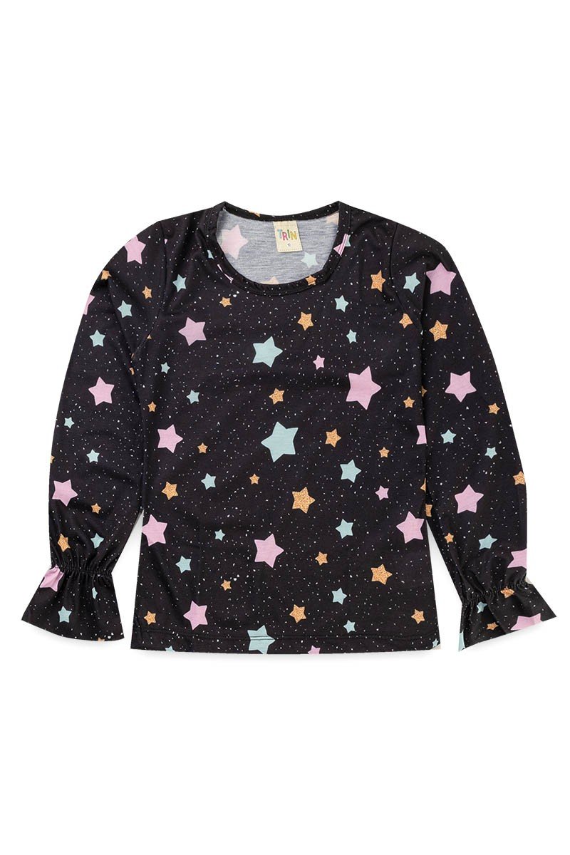 Blusa Infantil Menina Manga Longa Strass Brilho com Estampa de