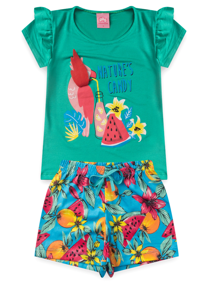 Conjunto Infantil Interativo Verão Menina Nature Candy Papagaio Green